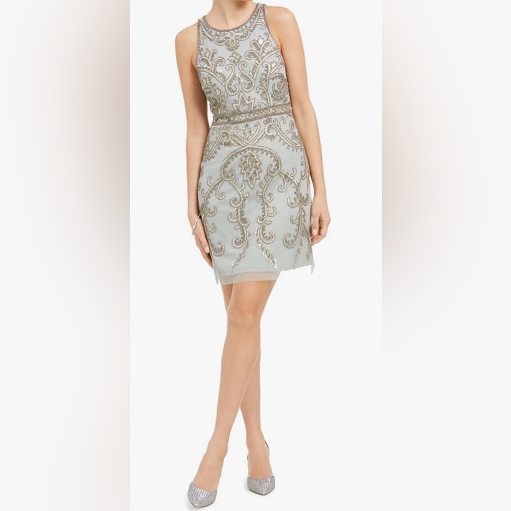 New* Adrianna Papell Embroidered Cocktail Beaded Dress Blue Silver sz 2